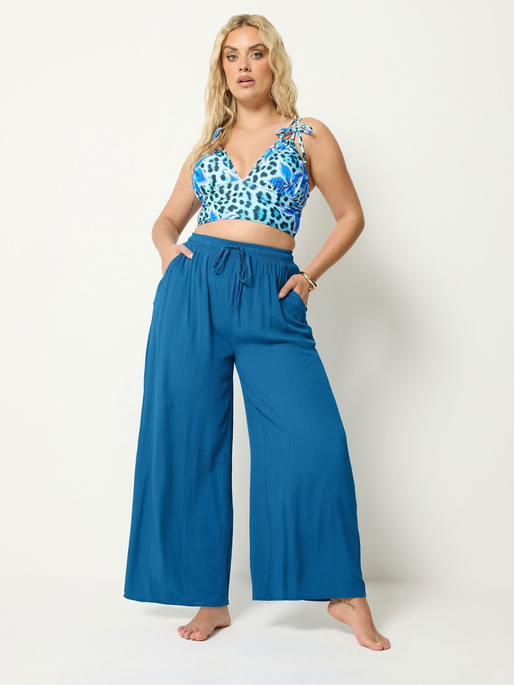 Yours Curve Women's Blue Crinkle Trousers