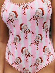 Pink/White Stripe Christmas Santa - Traje de baño con control de abdomen y escote redondo - Imagen 4 de 4