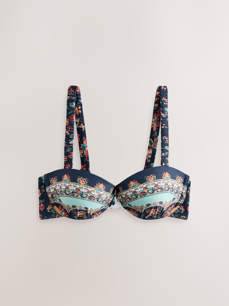 Navy/Peach Floral Wired Balcony Bandeau Bikini Top - Image 8 of 8