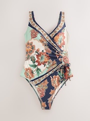 Navy/Peach Floral Ruched Side Tummy Shaping Control Swimsuit - Image 1 of 4