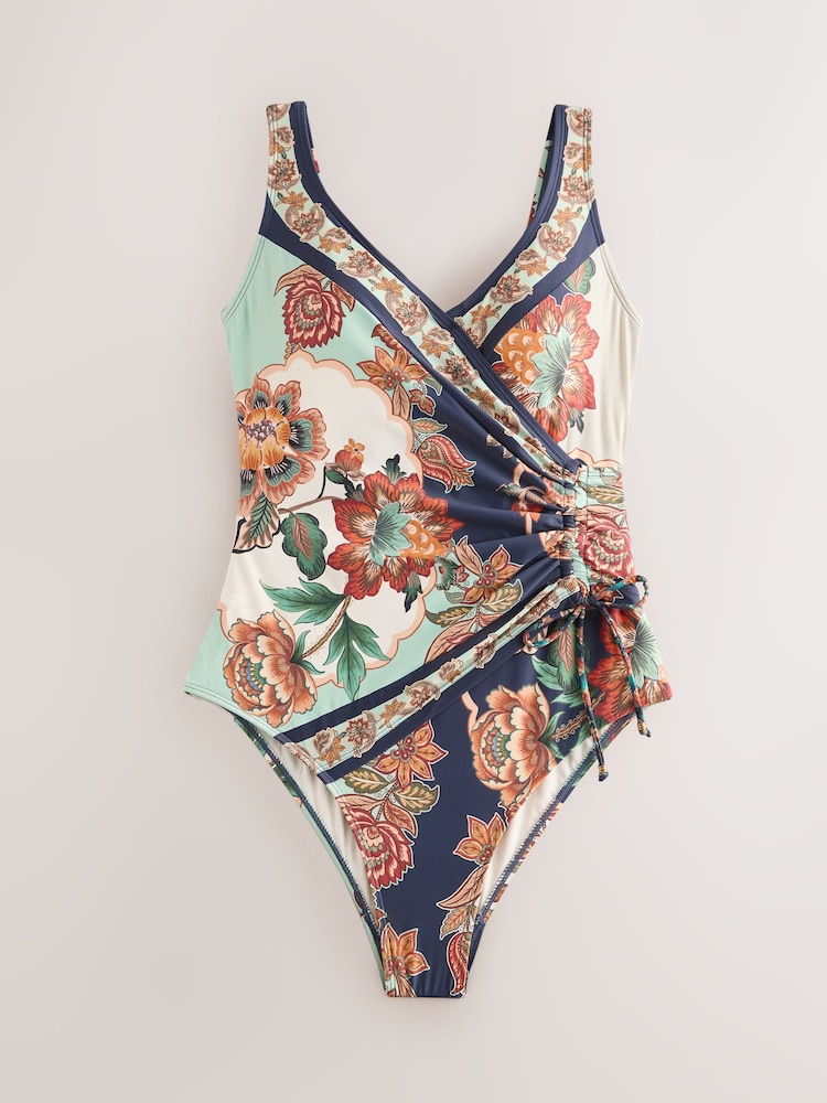 Navy/Peach Floral Ruched Side Tummy Shaping Control Swimsuit - Image 1 of 4 Navy/Peach Floral Ruched Side Tummy Shaping Control Swimsuit - Image 1 of 4