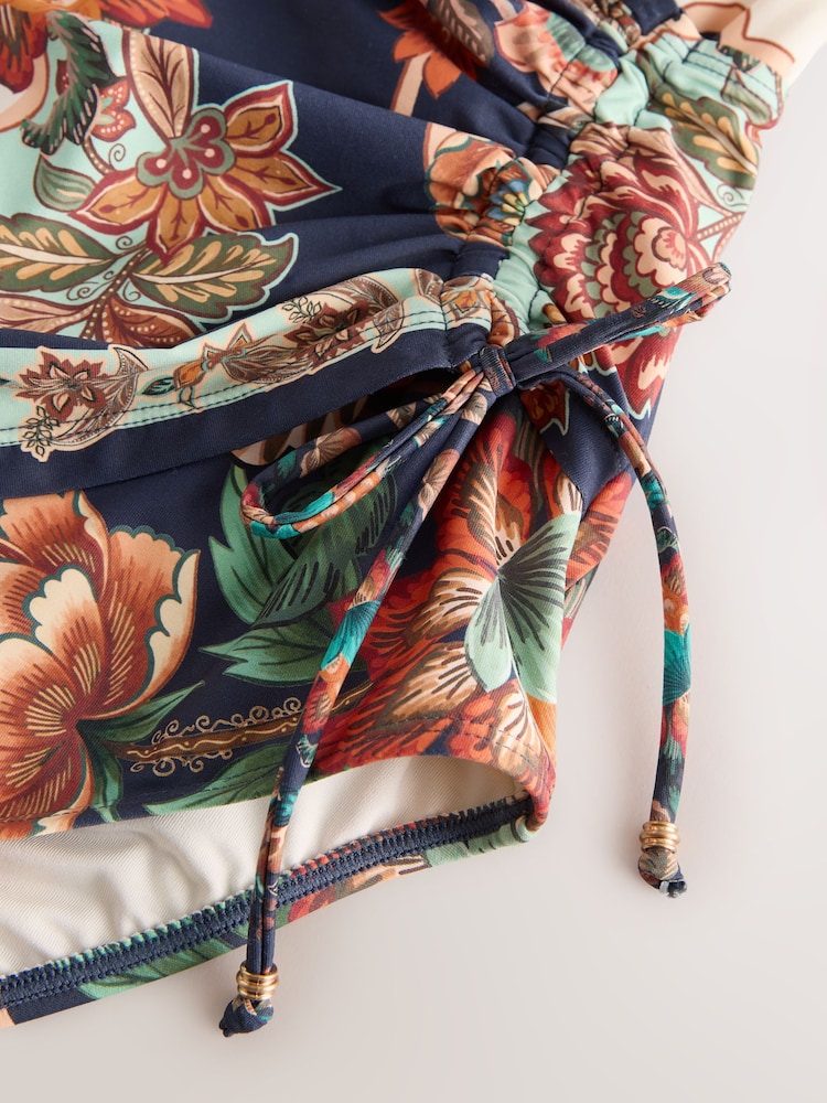 Navy/Peach Floral Ruched Side Tummy Shaping Control Swimsuit - Image 4 of 4 Navy/Peach Floral Ruched Side Tummy Shaping Control Swimsuit - Image 4 of 4