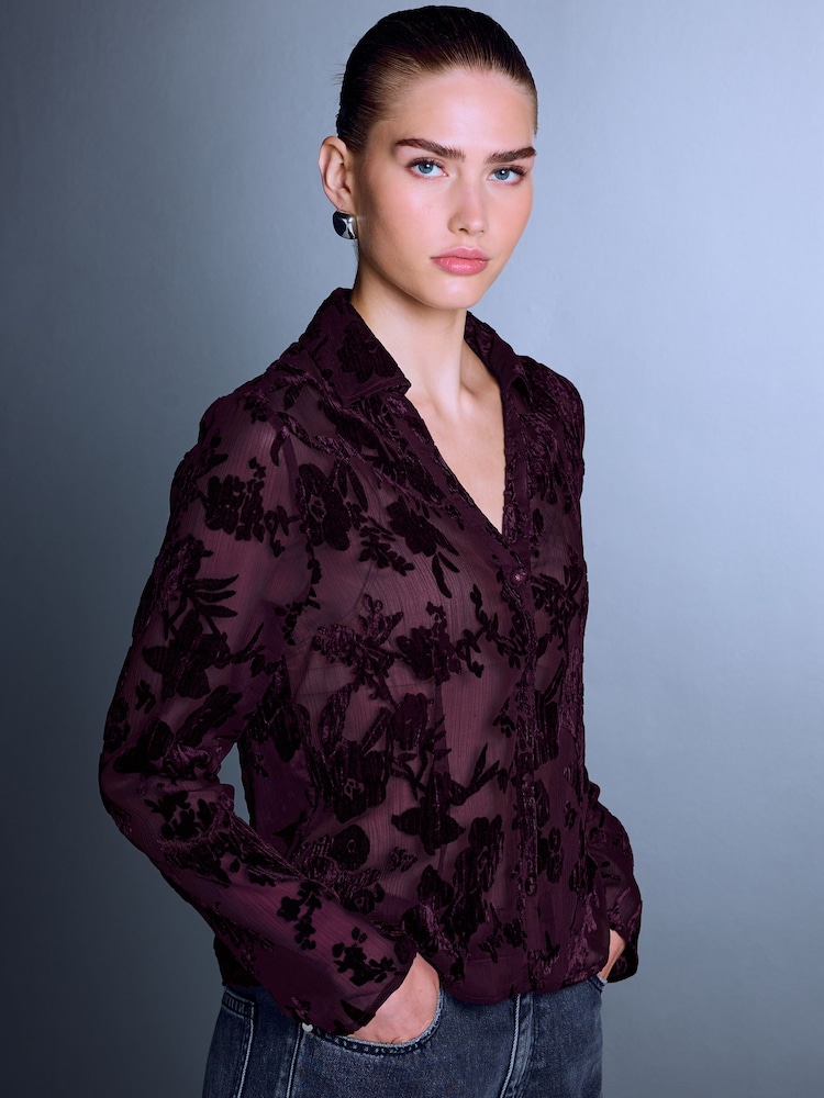 Wine Flocked Velvet Floral V-Neck Long Sleeve Shirt - Image 1 of 6 Wine Flocked Velvet Floral V-Neck Long Sleeve Shirt - Image 1 of 6