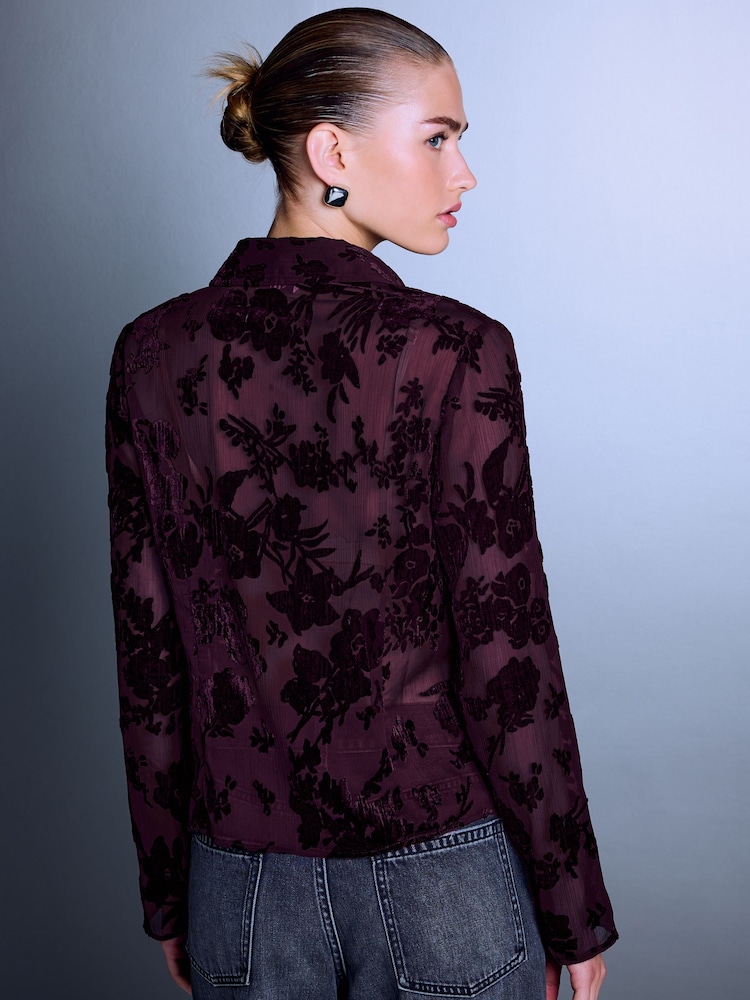 Wine Flocked Velvet Floral V-Neck Long Sleeve Shirt - Image 2 of 6 Wine Flocked Velvet Floral V-Neck Long Sleeve Shirt - Image 2 of 6