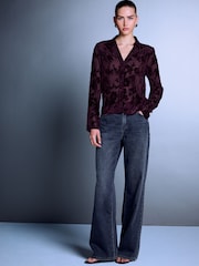 Wine Flocked Velvet Floral V-Neck Long Sleeve Shirt - Image 3 of 6