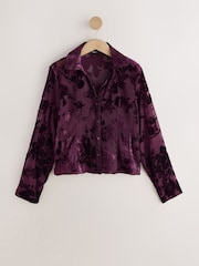 Wine Flocked Velvet Floral V-Neck Long Sleeve Shirt - Image 4 of 6