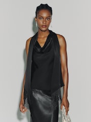 Black Fringe Tassel Scarf Satin Halter Top - Image 1 of 9