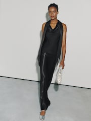Black Fringe Tassel Scarf Satin Halter Top - Image 2 of 9