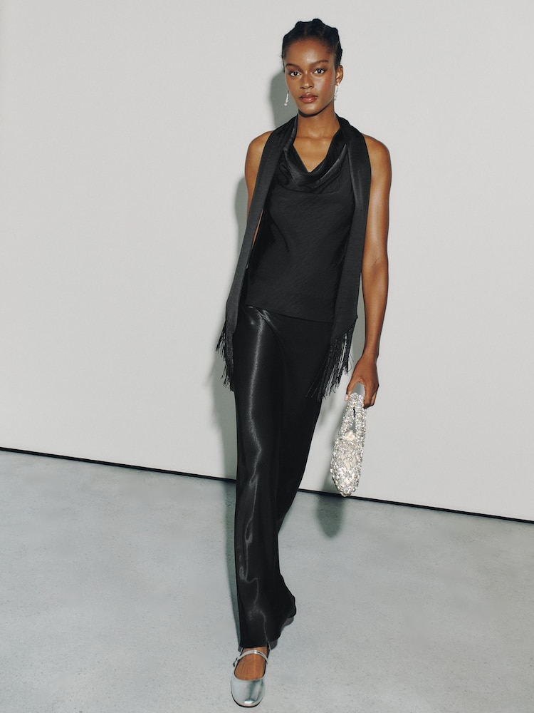 Black Fringe Tassel Scarf Satin Halter Top - Image 2 of 9 Black Fringe Tassel Scarf Satin Halter Top - Image 2 of 9