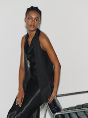 Black Fringe Tassel Scarf Satin Halter Top - Image 3 of 9