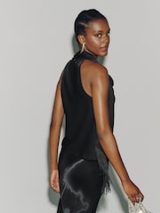 Black Fringe Tassel Scarf Satin Halter Top - Image 4 of 9