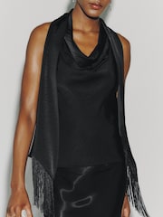 Black Fringe Tassel Scarf Satin Halter Top - Image 5 of 9