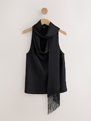 Black Fringe Tassel Scarf Satin Halter Top - Image 6 of 9