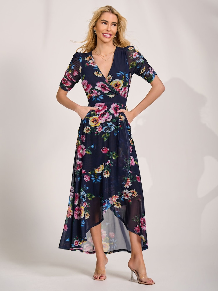 Jolie Moi Blue Ruched Sleeve Mesh Maxi Dress - Image 1 of 6