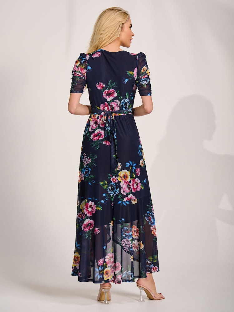 Jolie Moi Blue Ruched Sleeve Mesh Maxi Dress - Image 2 of 6