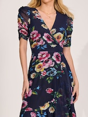 Jolie Moi Blue Ruched Sleeve Mesh Maxi Dress - Image 3 of 6