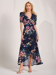 Jolie Moi Blue Ruched Sleeve Mesh Maxi Dress - Image 4 of 6