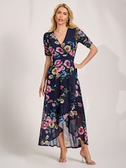 Jolie Moi Blue Ruched Sleeve Mesh Maxi Dress - Image 5 of 6