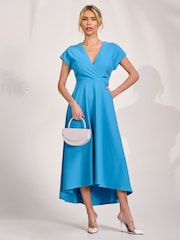 Jolie Moi Blue Printed Scuba Dipped Hem Maxi Dress - Image 1 of 6