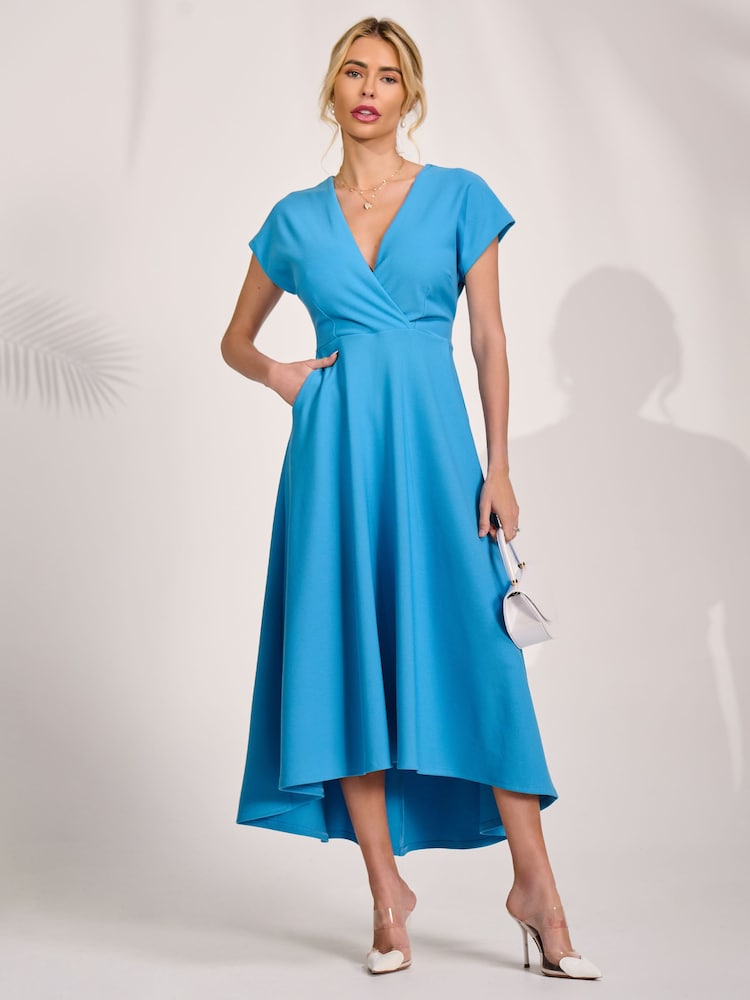 Jolie Moi Blue Printed Scuba Dipped Hem Maxi Dress - Image 6 of 6