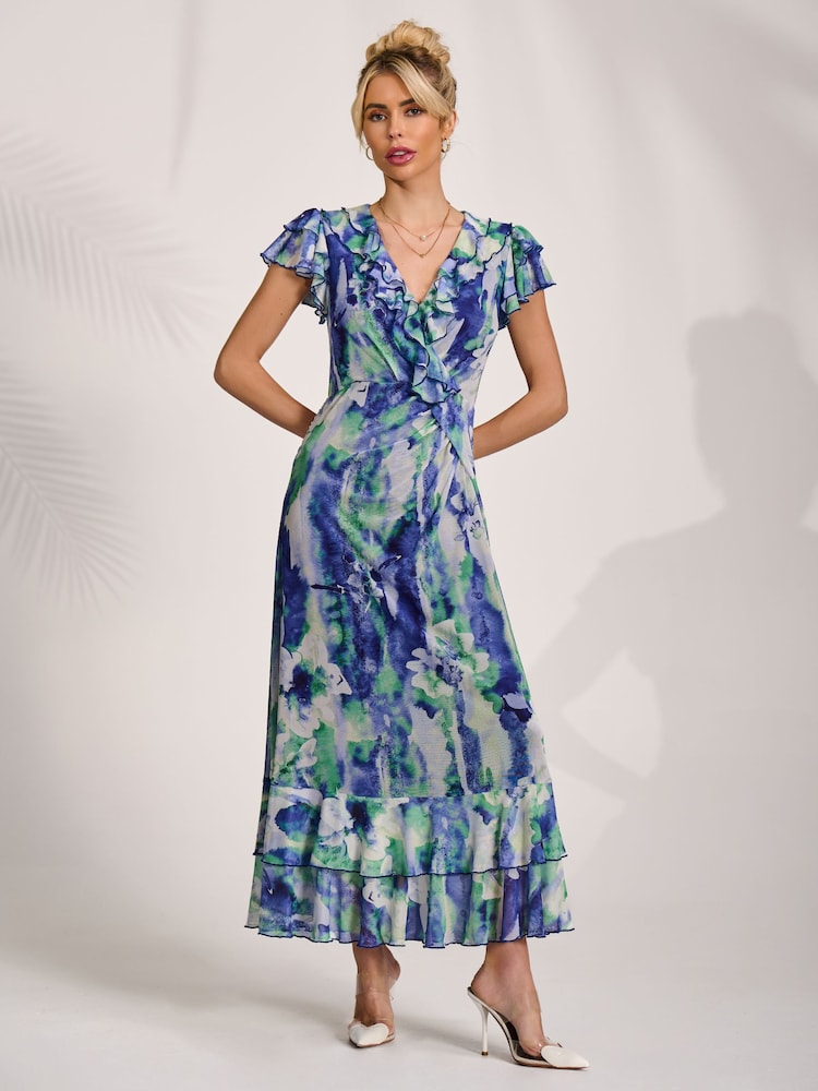 Jolie Moi Blue Ruffle V-Neck Mesh Maxi Dress - Image 1 of 6