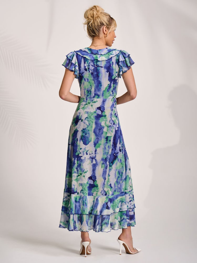 Jolie Moi Blue Ruffle V-Neck Mesh Maxi Dress - Image 2 of 6