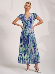 Jolie Moi Blue Ruffle V-Neck Mesh Maxi Dress - Image 4 of 6