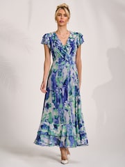Jolie Moi Blue Ruffle V-Neck Mesh Maxi Dress - Image 5 of 6