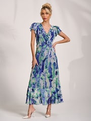 Jolie Moi Blue Ruffle V-Neck Mesh Maxi Dress - Image 6 of 6