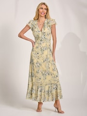 Jolie Moi Yellow Ruffle V-Neck Mesh Maxi Dress - Image 1 of 6