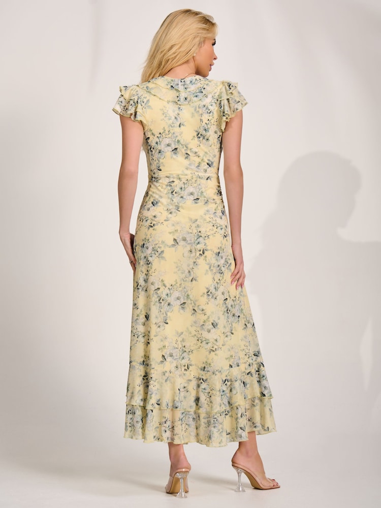 Jolie Moi Yellow Ruffle V-Neck Mesh Maxi Dress - Image 2 of 6