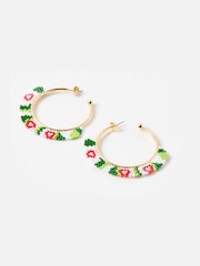 Oliver Bonas Green Priscilla Beaded Flower Gold Tone Hoop Earrings - Image 1 of 4
