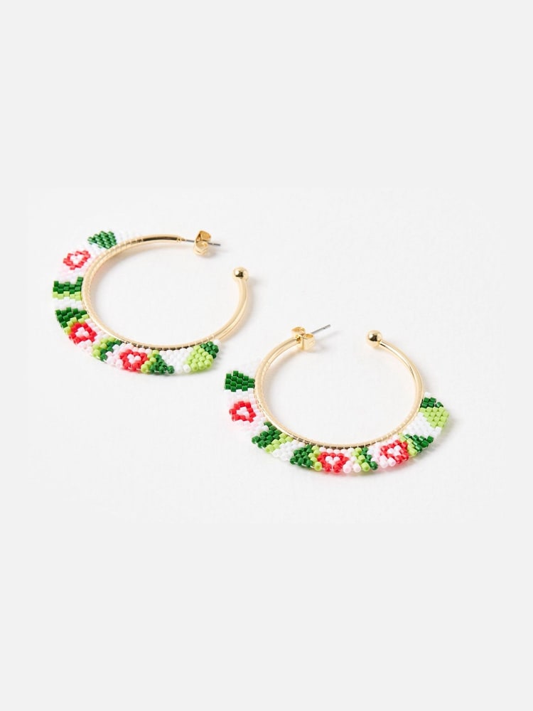 Oliver Bonas Green Priscilla Beaded Flower Gold Tone Hoop Earrings - Image 1 of 4 Oliver Bonas Green Priscilla Beaded Flower Gold Tone Hoop Earrings - Image 1 of 4