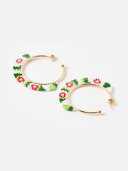 Oliver Bonas Green Priscilla Beaded Flower Gold Tone Hoop Earrings - Image 2 of 4