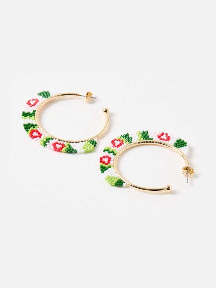Oliver Bonas Green Priscilla Beaded Flower Gold Tone Hoop Earrings - Image 2 of 4 Oliver Bonas Green Priscilla Beaded Flower Gold Tone Hoop Earrings - Image 2 of 4