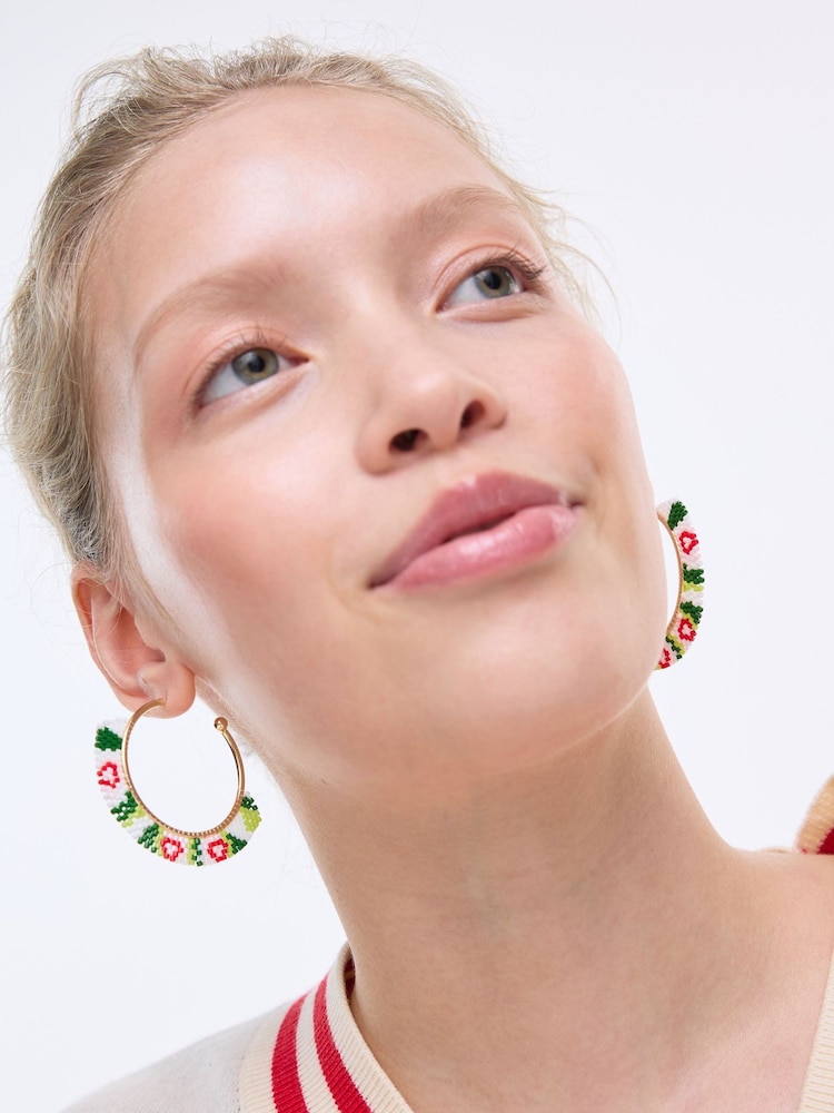 Oliver Bonas Green Priscilla Beaded Flower Gold Tone Hoop Earrings - Image 4 of 4 Oliver Bonas Green Priscilla Beaded Flower Gold Tone Hoop Earrings - Image 4 of 4