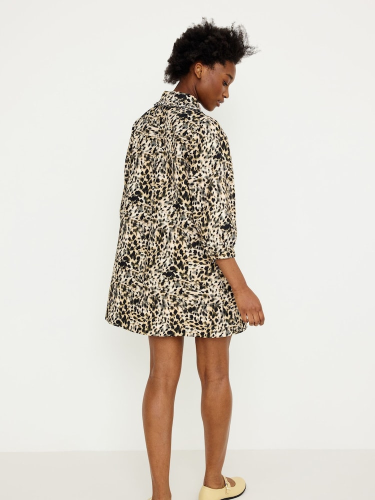 Oliver Bonas Natural Animal Print Frill Collar Denim Mini Dress - Image 2 of 8
