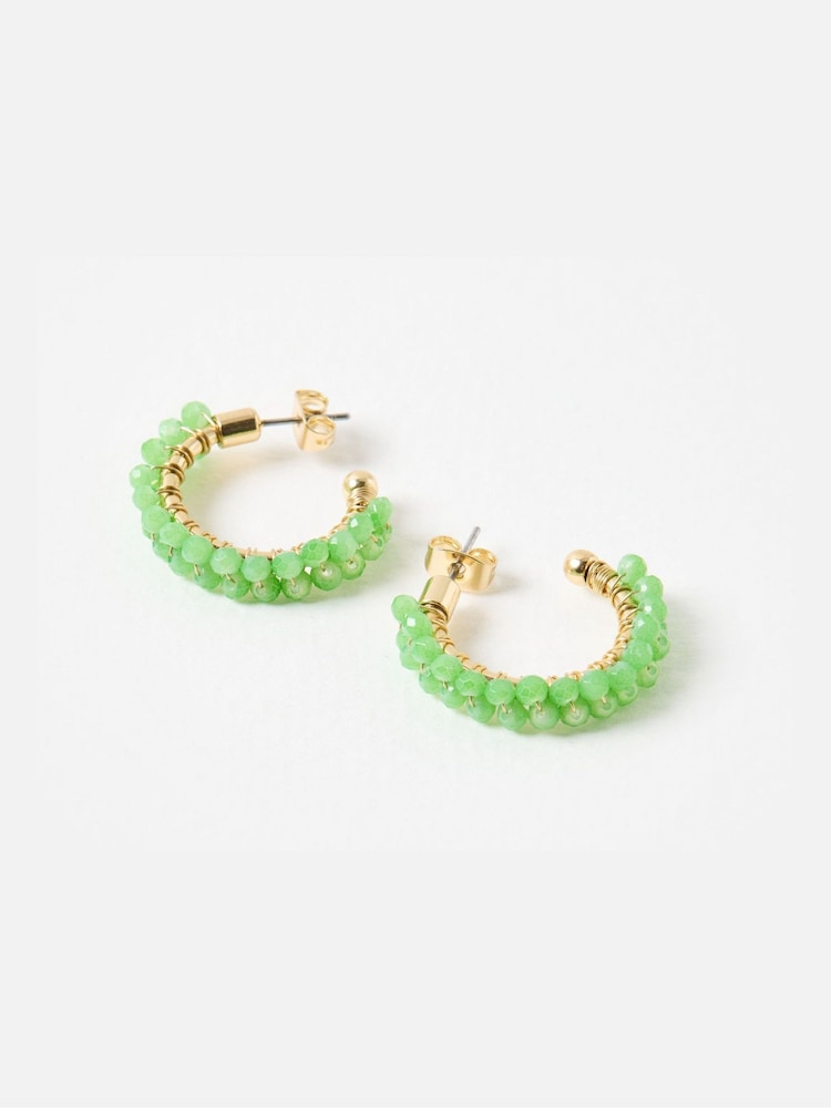 Oliver Bonas Green Rhea Beaded Gold Tone Hoop Earrings - Image 2 of 5