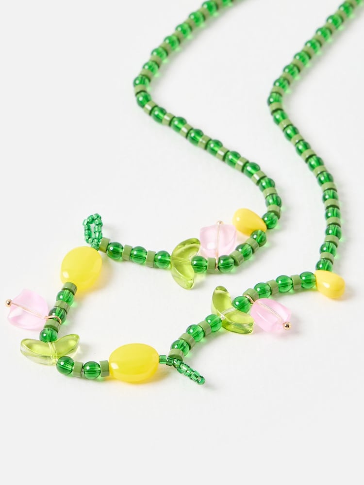 Oliver Bonas Green Tori Tulip Detail Beaded Necklace - Image 2 of 4