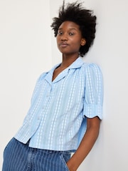 Oliver Bonas Blue Blue Dobby Button Up Short Sleeve Blouse - Image 1 of 8