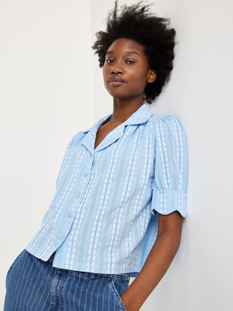 Oliver Bonas Blue Blue Dobby Button Up Short Sleeve Blouse - Image 1 of 8 Oliver Bonas Blue Blue Dobby Button Up Short Sleeve Blouse - Image 1 of 8