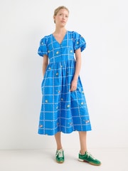 Oliver Bonas Cobalt Blue Floral Embroidered Puff Sleeve Midi Dress - Imagen 1 de 7