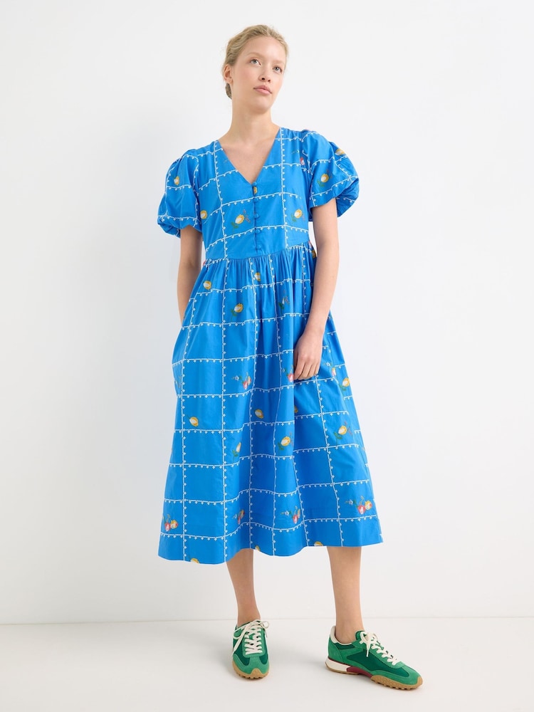 Oliver Bonas Cobalt Blue Floral Embroidered Puff Sleeve Midi Dress - Imagen 1 de 7