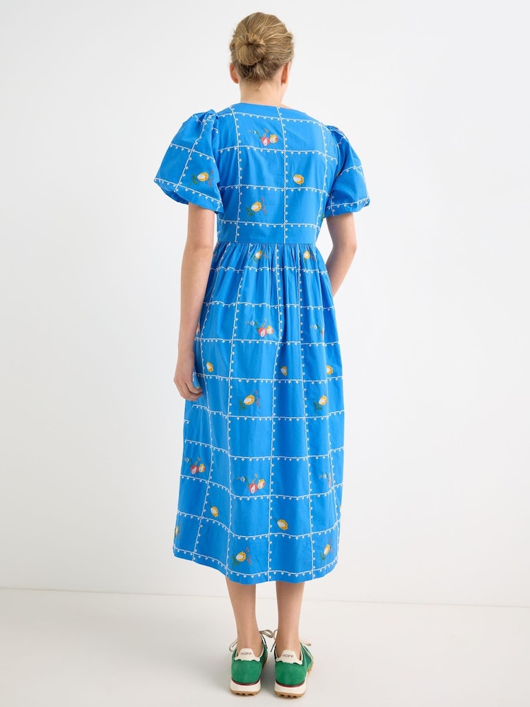 Oliver Bonas Cobalt Blue Floral Embroidered Puff Sleeve Midi Dress - Imagen 2 de 7