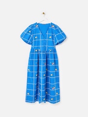 Oliver Bonas Cobalt Blue Floral Embroidered Puff Sleeve Midi Dress - Imagen 3 de 7