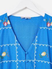 Oliver Bonas Cobalt Blue Floral Embroidered Puff Sleeve Midi Dress - Imagen 5 de 7