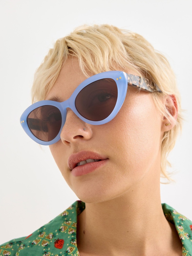 Oliver Bonas Blue Powder Blue & Animal Print Cat Eye Acetate Sunglasses - Image 5 of 5