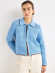 Oliver Bonas Blue Blue Collared Tie Front Crochet Cardigan - Image 1 of 8