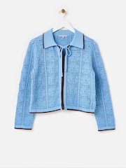 Oliver Bonas Blue Blue Collared Tie Front Crochet Cardigan - Image 7 of 8