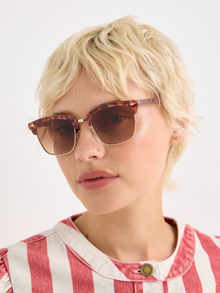 Oliver Bonas Pink Pink Tort Square Browline Sunglasses - Image 5 of 5